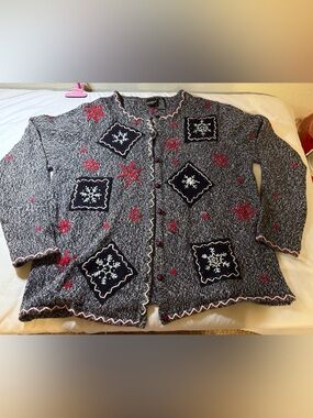 Erika Gray Knit Cardigan with Red and White Snowflake Embroidery